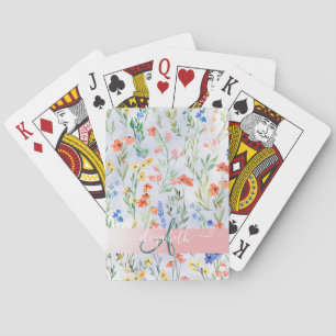 Kleurrijke lente weide met wilde bloemen monogram pokerkaarten
