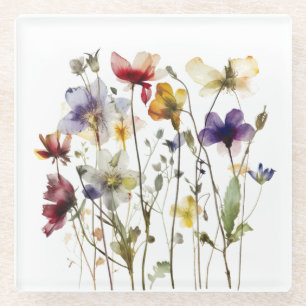 Kleurrijke lente wilde bloemen in waterverf glazen onderzetter