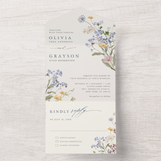 Kleurrijke lente Wildflower beemdweide Garden Wedd All In One Uitnodiging (Binnen)