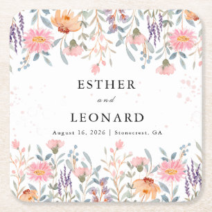 Kleurrijke lente Wildflower bruiloft Vierkante Kartonnen Onderzetter