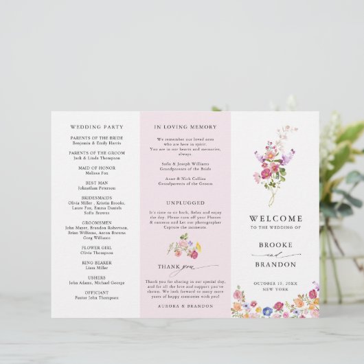 Kleurrijke lente Wildflower Meadow Bruiloft Progra (Staand voorkant)