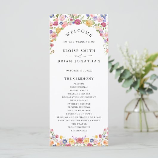 Kleurrijke lente Wildflower Meadow Garden Wedding  Programma (Staand voorkant)