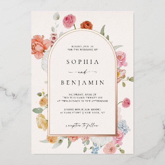 Kleurrijke lentebloemen Roos Gold Wedding Arch Folie Uitnodiging (Voorkant)