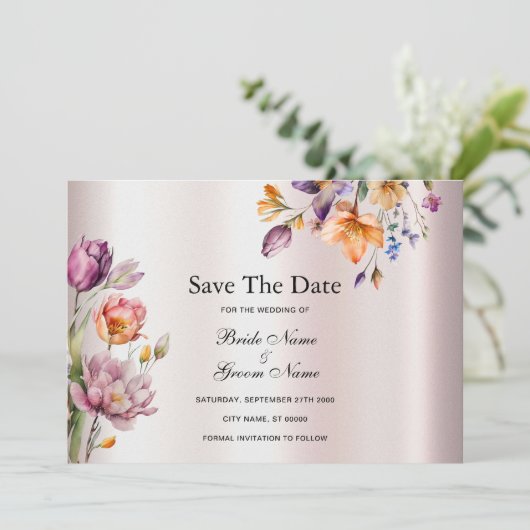 Kleurrijke lentebloemen slaan de datum op save the date (Staand voorkant)