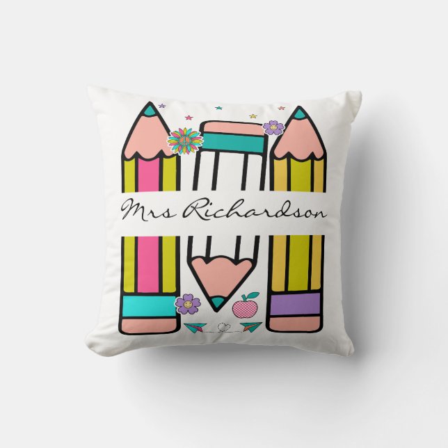 Kleurrijke leraar naam potlood cartoon kussen (Voorkant)
