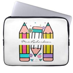 Kleurrijke leraar naam potlood cartoon  laptop sleeve