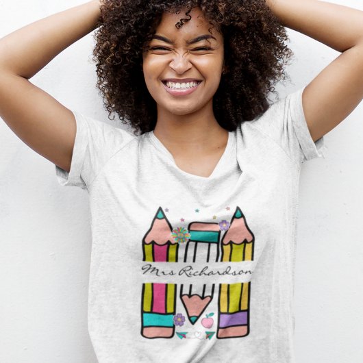 Kleurrijke leraar naam potlood cartoon T-shirt