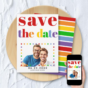 Kleurrijke letters, stippen en strepen rode homofo save the date