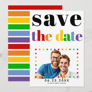 Kleurrijke letters, stippen en strepen zwart gay f save the date