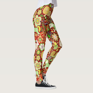 Kleurrijke Leuke Retro Bloemen & Dieren Patroon Leggings