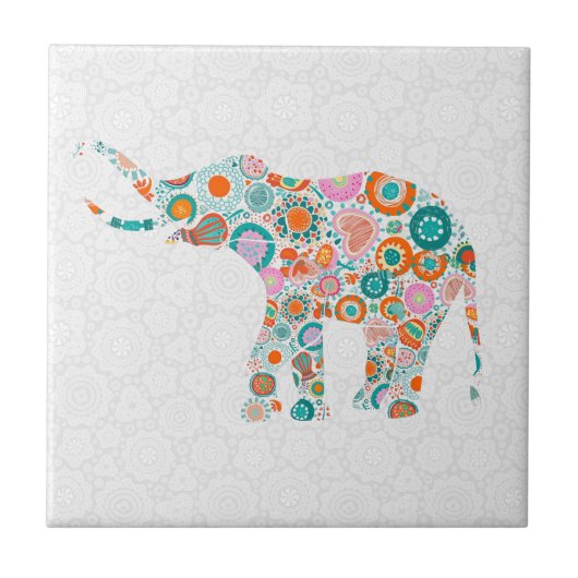 Kleurrijke Leuke Retro Bloemenolifant 4 Tegeltje (Voorkant)
