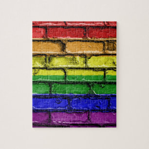 Kleurrijke LGBT-regenboogpridevlag stenen muur Legpuzzel