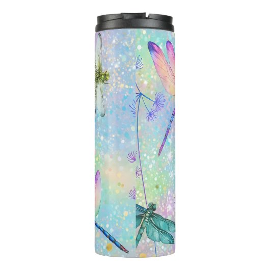 Kleurrijke libellen glitter achtergrond thermosbeker (Achterkant)