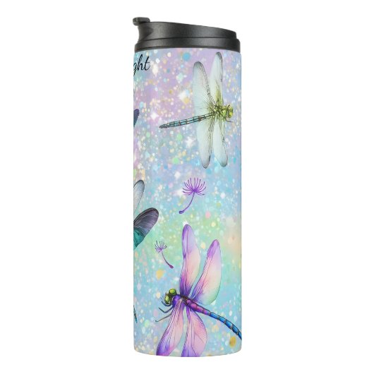 Kleurrijke libellen glitter achtergrond thermosbeker (Geroteerd rechts)