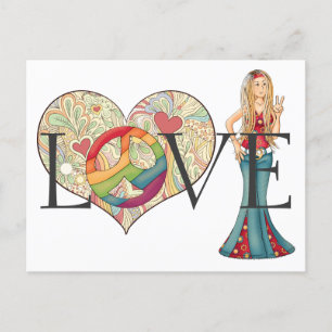 Kleurrijke LIEFDE, Vrede en Bloemenhart Hippie Mei Briefkaart