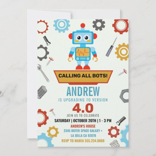 Kleurrijke Little Robot Party Theme Verjaardag Kaart (Voorkant)