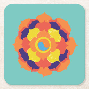 Kleurrijke Lotus Bloem Yin & Yang Mandala    Vierkante Kartonnen Onderzetter