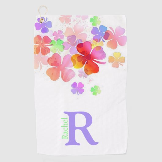 Kleurrijke Lucky Four Leaf Clovers monogram Golfhanddoek (Voorkant)