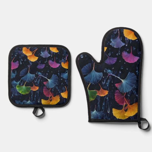 Kleurrijke Luminogram Ginkgo Bladeren Ovenwant & Pannenlap Set (Voorkant)