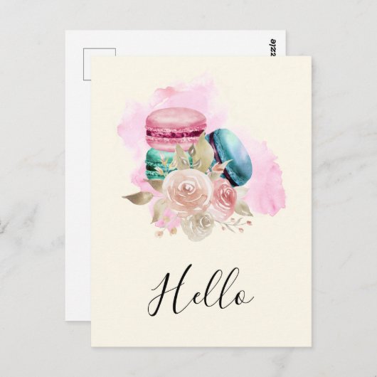 Kleurrijke Macarons en Bloemen Waterverf Hallo Briefkaart (Voorkant / Achterkant)