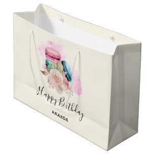Kleurrijke Macarons en Bloemen Waterverf Verjaarda Groot Cadeauzakje