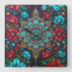Kleurrijke Mandala Bloemen Wandklok Boho Huis De Vierkante Klok