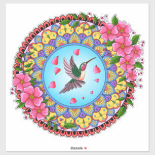 Kleurrijke mandala met een kokende vogel en roze b sticker