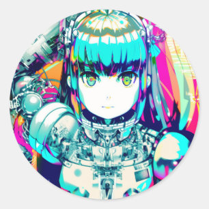 Kleurrijke Mecha Anime Meisje Ronde Sticker