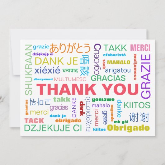 Kleurrijke meertalige typografie plat bedankkaart (Voorkant)
