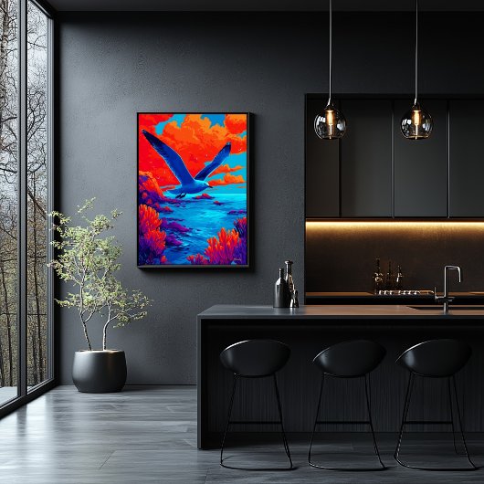 Kleurrijke meeuwenvlucht boven een levendige kust poster