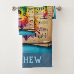 Kleurrijke melodie: geschilderde gitaar op  muziek bad handdoek