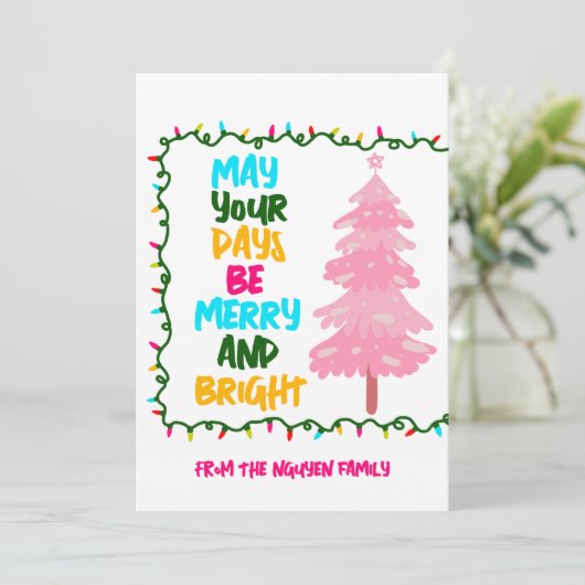 Kleurrijke Merry Heldere Roze Kerstboom Custom Feestdagenkaart (Staand voorkant)