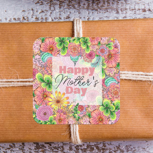 Kleurrijke Met de Hand Getekende Bloemen Moederdag Vierkante Sticker