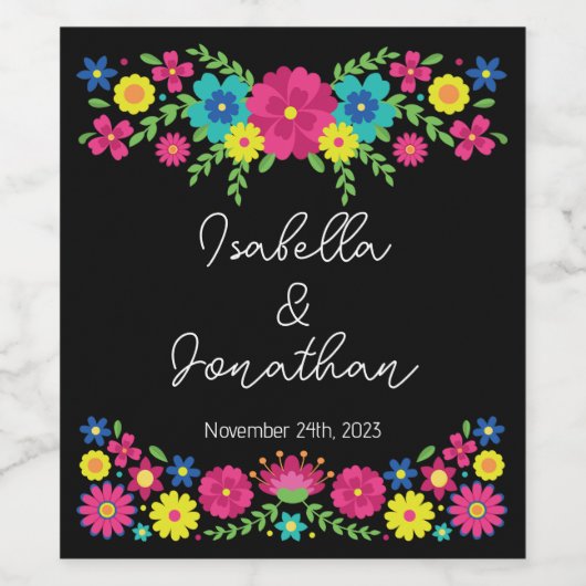 Kleurrijke Mexicaanse bloemen Wijn Etiket (Enkel label)