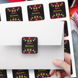 Kleurrijke Mexicaanse Fiesta Party Bloemen Zwart Vierkante Sticker
