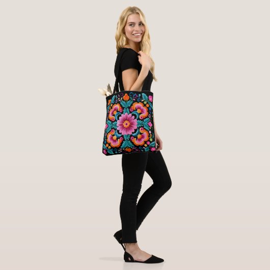 Kleurrijke Mexicaanse Floral Fiesta Canvas tas (Op model)