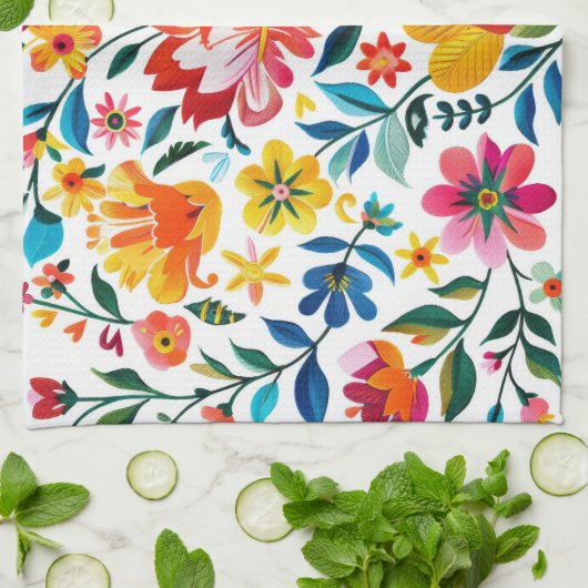 Kleurrijke Mexicaanse Folk Art Floral Theedoek (Gevouwen)