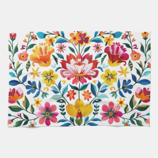 Kleurrijke Mexicaanse Folk Art Floral Theedoek (Horizontaal)