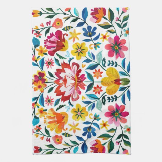 Kleurrijke Mexicaanse Folk Art Floral Theedoek (Verticaal)