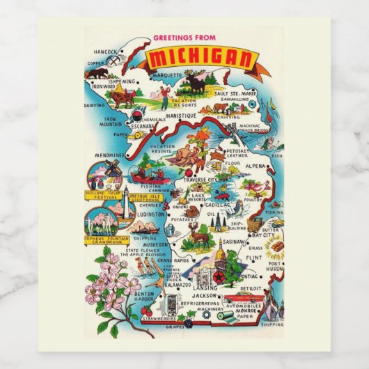 Kleurrijke Michigan Kaart Briefkaart Wijn Etiket (Enkel label)