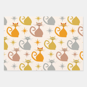 Kleurrijke mid-century atoomkatten met sterrenexpl inpakpapier vel