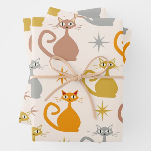 Kleurrijke Midden-Eeuw Atoomkatten met Starbursts Inpakpapier Vel (In situ)