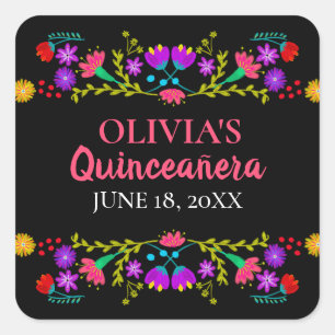 Kleurrijke Mis Quince Anos Mexicaanse Fiesta Bloem Vierkante Sticker