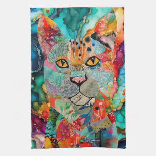 Kleurrijke Mixed Media Papieren Kat Keukenhanddoek