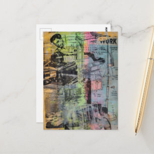 Kleurrijke Mixed Media Retro Houtbewerking Mannen Briefkaart