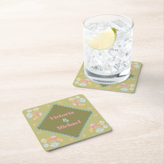 Kleurrijke mod borduurwerk vierkante kartonnen onderzetter (Insitu)