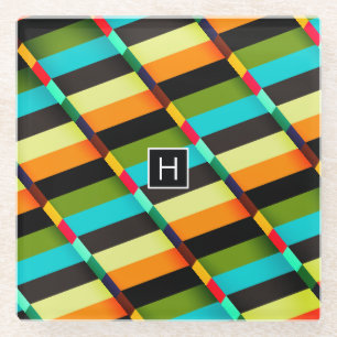 Kleurrijke Moderne Abstracte Strepen & Monogram Glazen Onderzetter