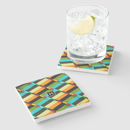 Kleurrijke Moderne Abstracte Strepen & Monogram Stenen Onderzetter (Zijkant)