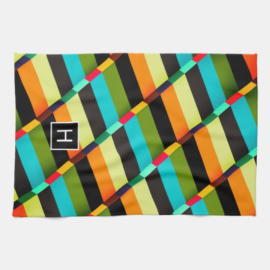 Kleurrijke Moderne Abstracte Strepen & Monogram Theedoek (Horizontaal)