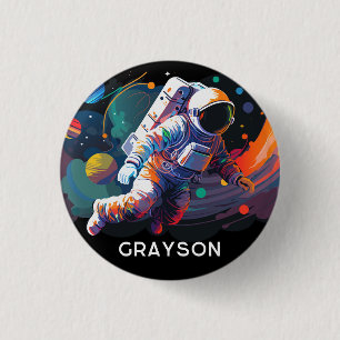 Kleurrijke moderne astronaut ruimte gepersonalisee ronde button 3,2 cm